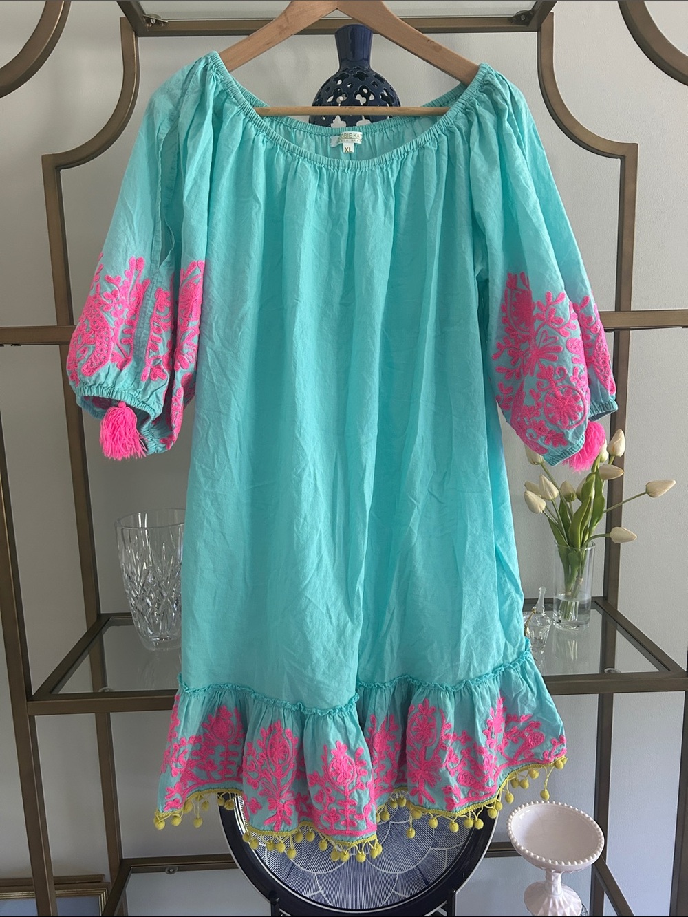 Aqua Off-Shoulder Embroidered Swim Coverup with Pink Accents and Yellow Pom poms